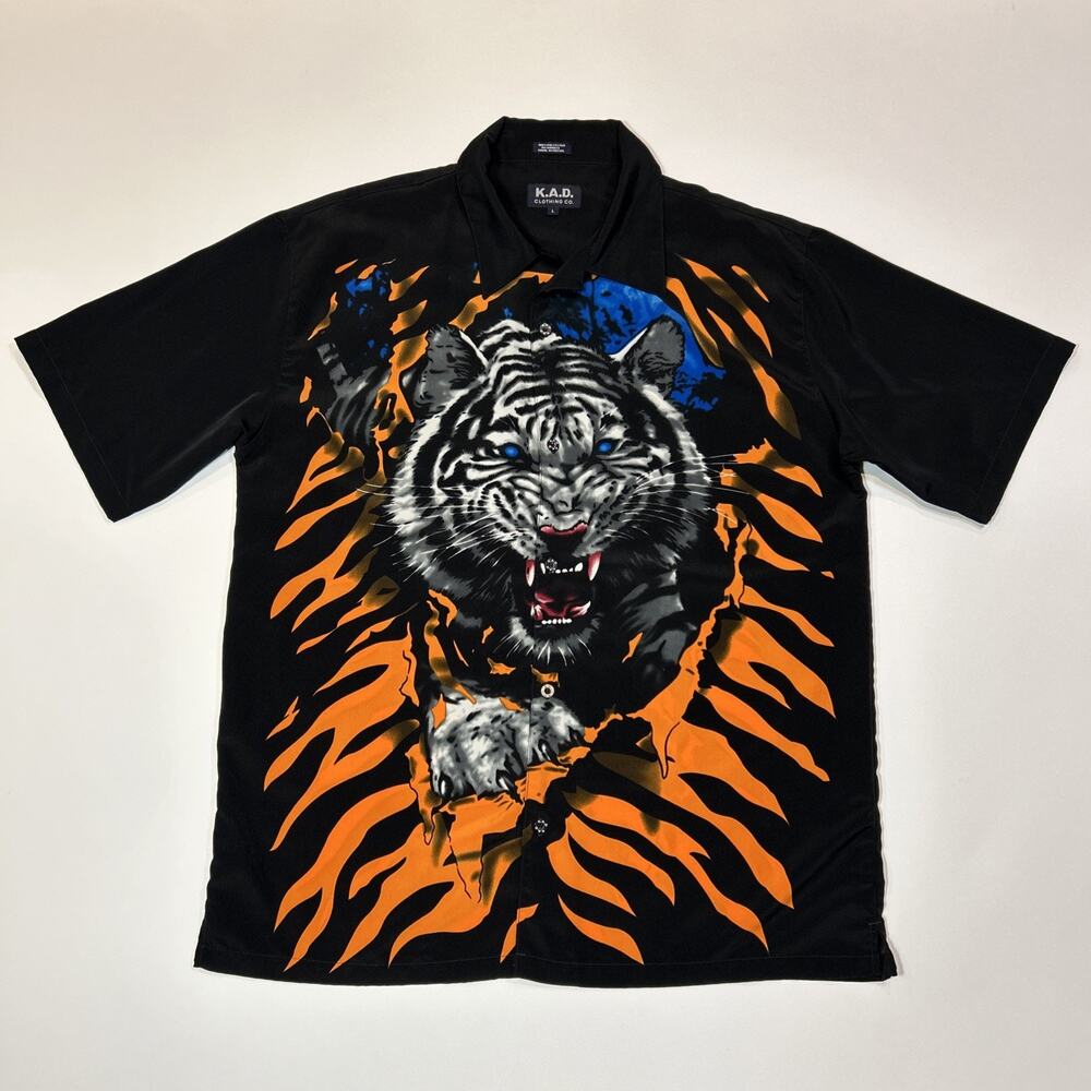 Vintage Tiger Mens Shirt Size Large Black Y2K KAD Clothing Button Up